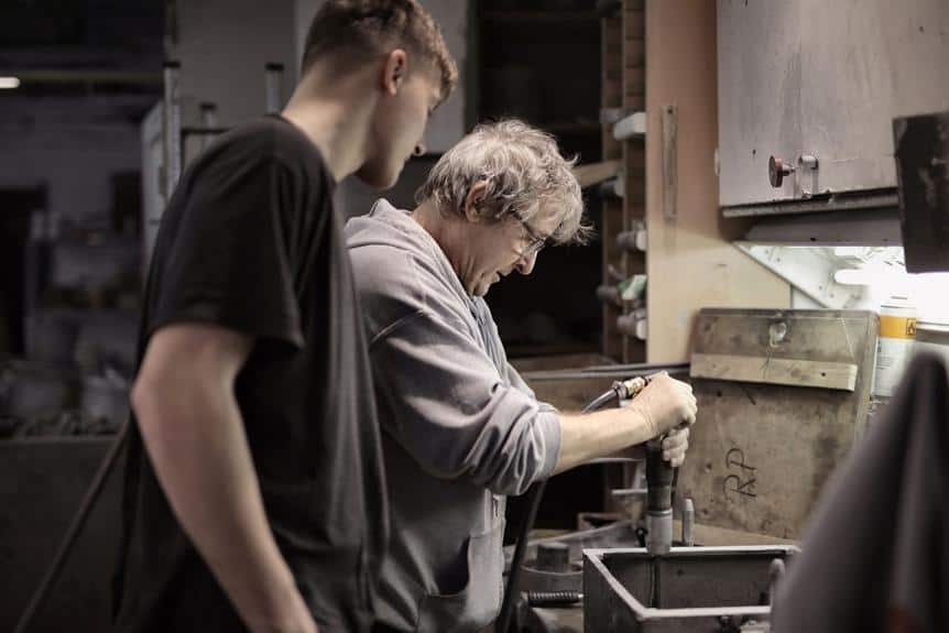 Zwei Männer arbeiten in einer Metallwerkstatt.